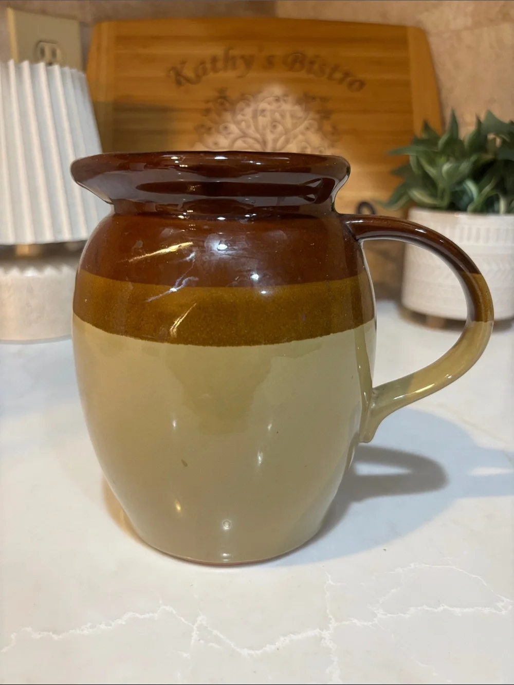 Vintage Brown and Olive Stoneware Pitcher 6